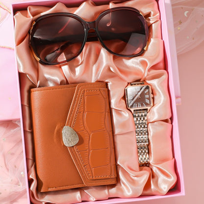 Gifting Options: Women's Brown Purse, Steel Strap, Roman Numerals, Surface, Watch, Sunglasses, Gift Box Set of Three