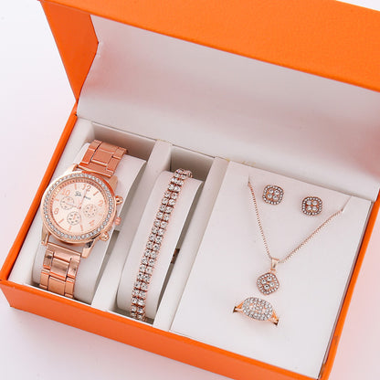 5-piece steel band women's casual Korean watch set with faux Gift set