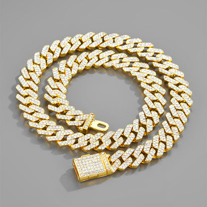 Trendy men's Cuban chain: Diamond zircon, 4-row hip hop necklace.
