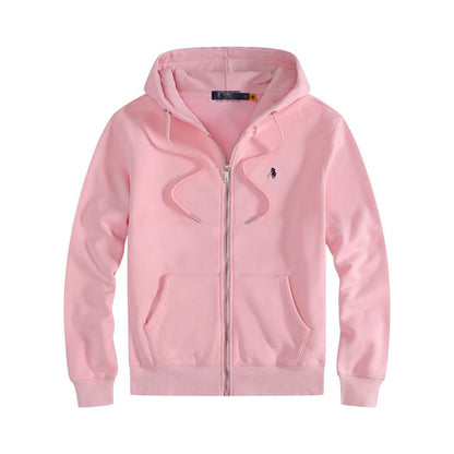 Men's fleece-lined, long-sleeve polo sweatshirt. Pony embroidery