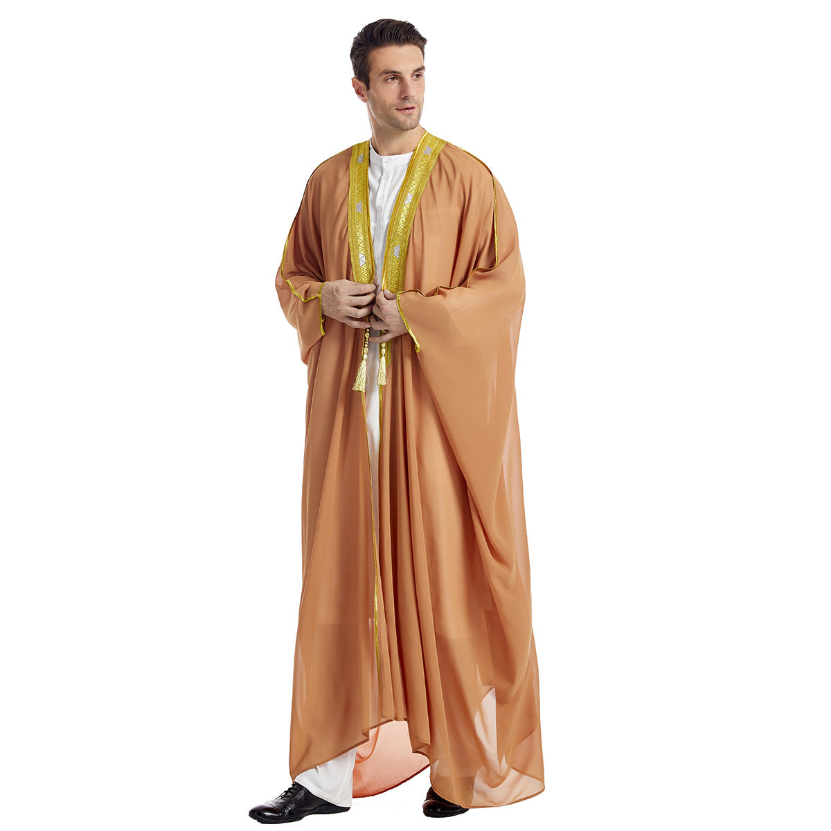 Mens Arabic Embroidered Long Robe  Gold Bead Chiffon