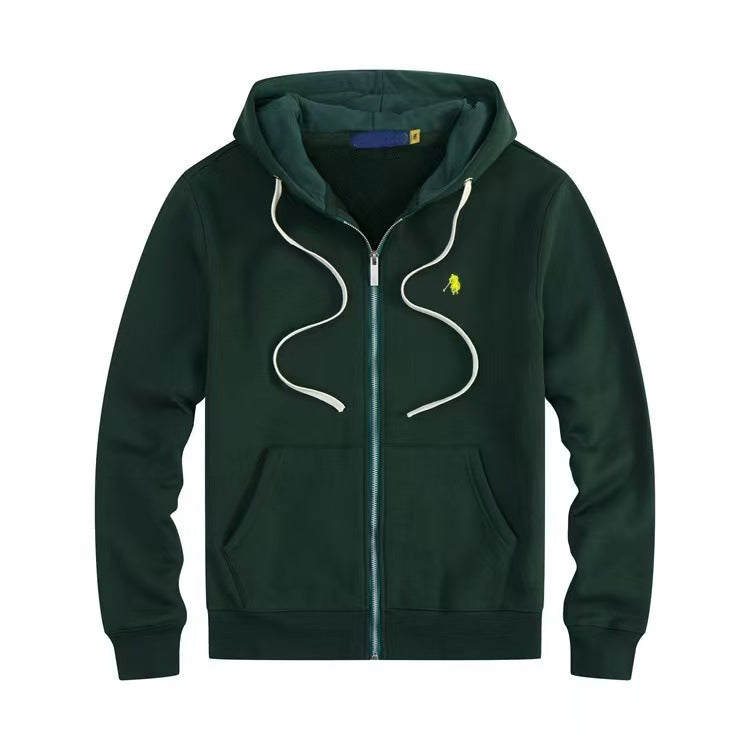 Men's fleece-lined, long-sleeve polo sweatshirt. Pony embroidery