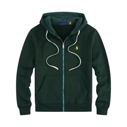 Men's fleece-lined, long-sleeve polo sweatshirt. Pony embroidery
