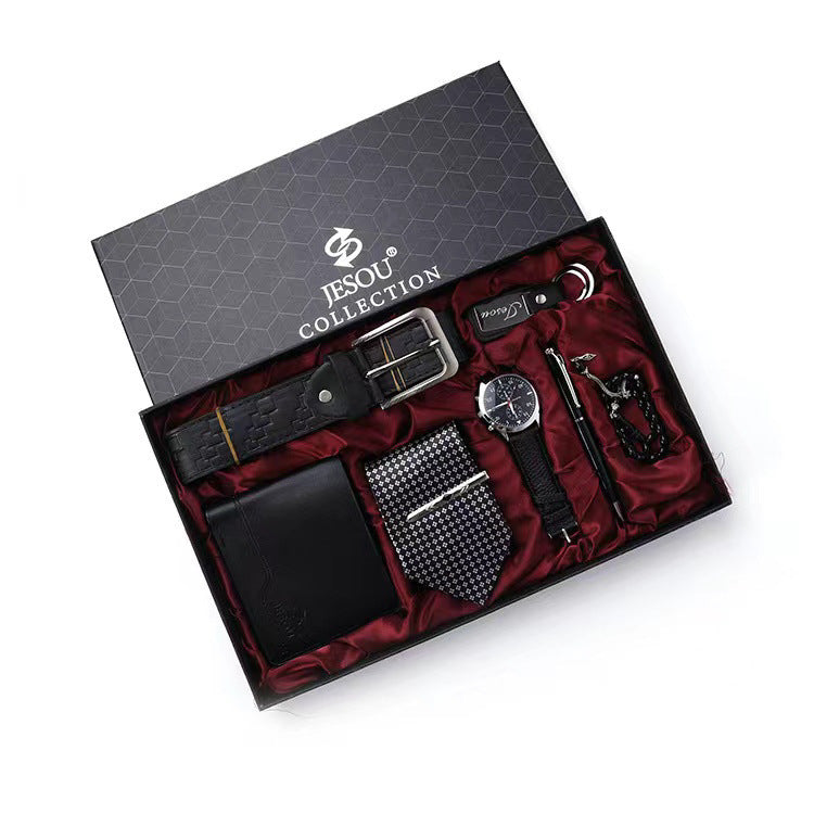 Men's Gift Set Beautiful Packaging Watch + Leather Tie Belt Wallet Simple Combo Set - 6pes set