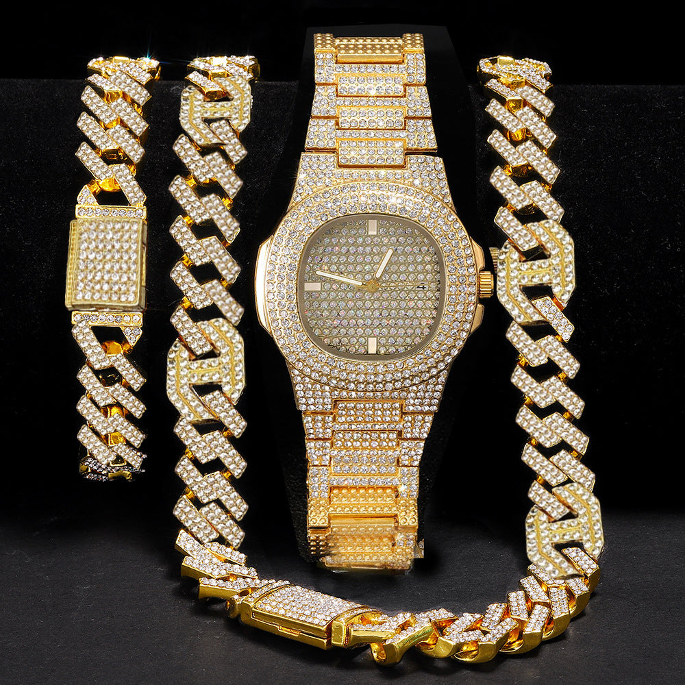 Men's hip hop watch, necklace, and bracelet set.