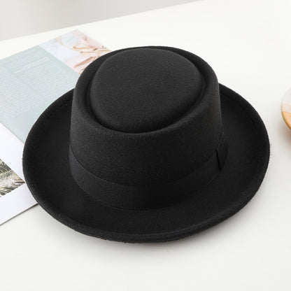 Black ribbon top hat, curved brim jazz hat.
