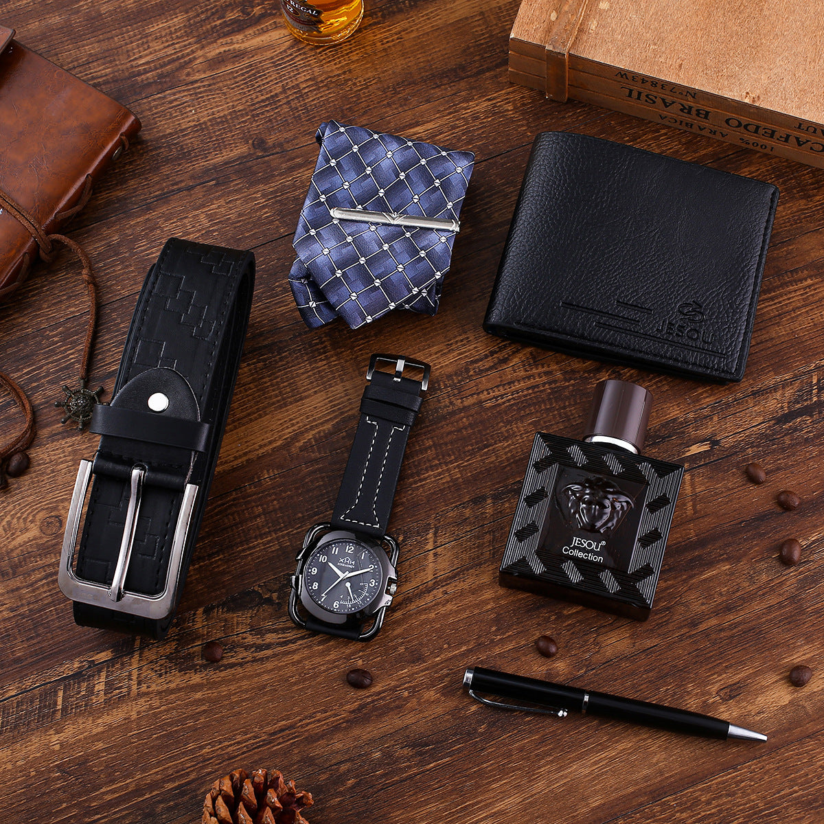 Men's Practical Quartz Watch Wallet Tie + Belt Perfume Practical Gift Business Set