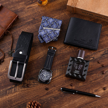Men's Practical Quartz Watch Wallet Tie + Belt Perfume Practical Gift Business Set