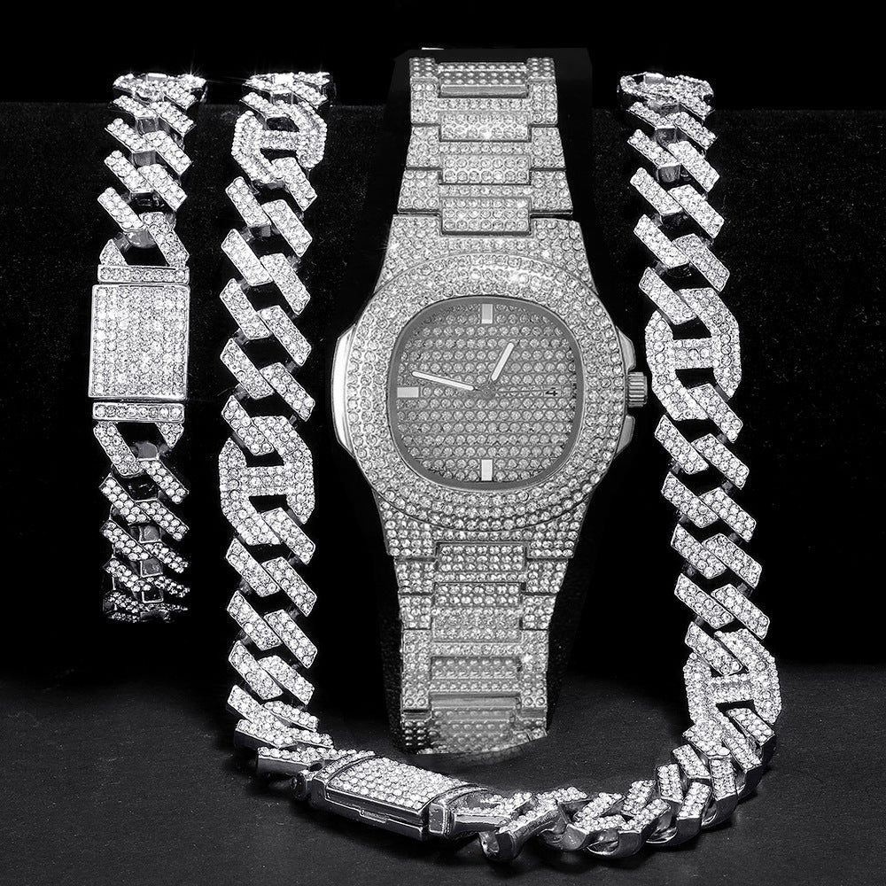 Men's hip hop watch, necklace, and bracelet set.