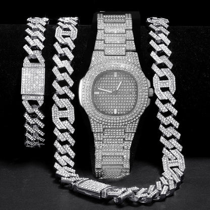 Men's hip hop watch, necklace, and bracelet set.