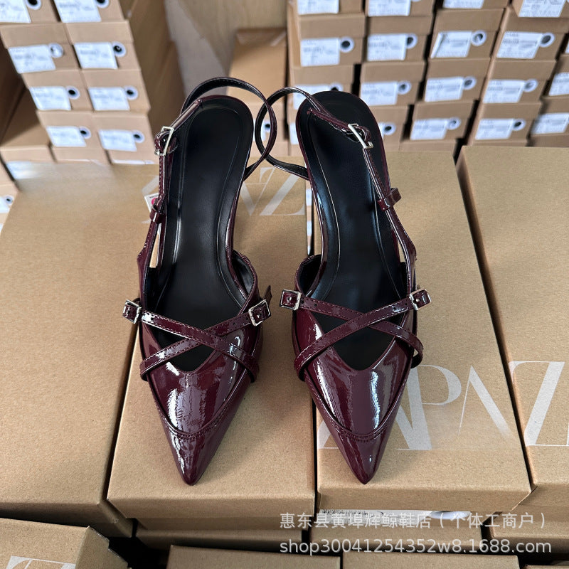 heeled sandals - cross-buckle strap, pointed toe, fairy-style mules.