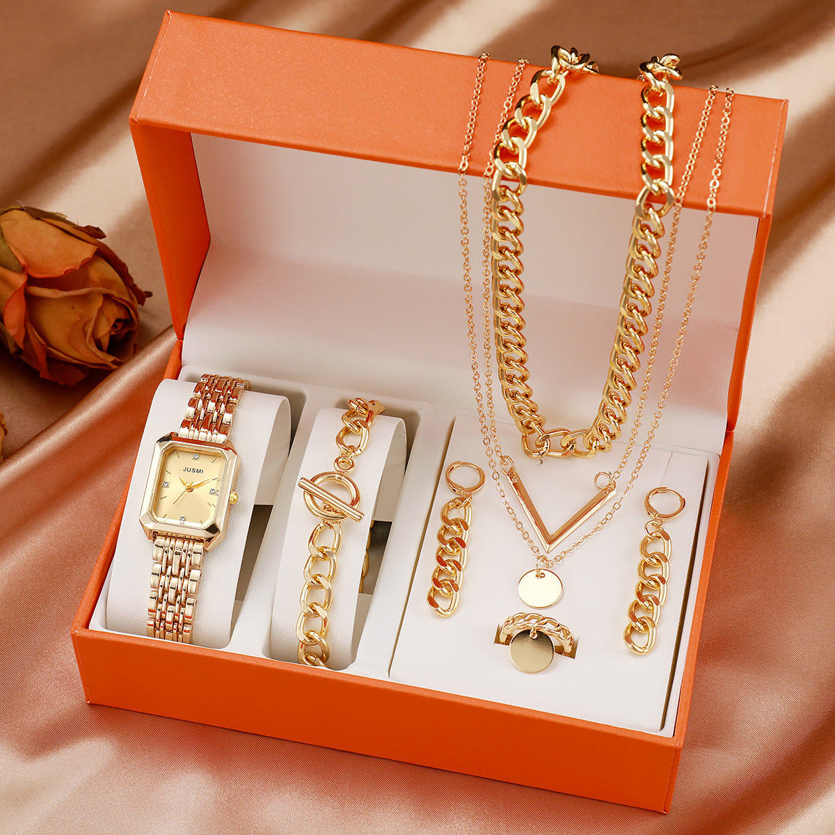 Fashion Square Bracelet, Watch, Multi-Layered Necklace, Sweater Chain Box Set