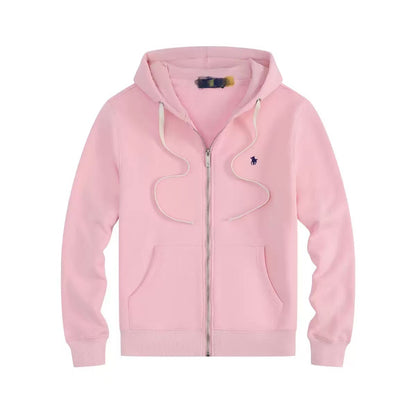 Men's fleece-lined, long-sleeve polo sweatshirt. Pony embroidery