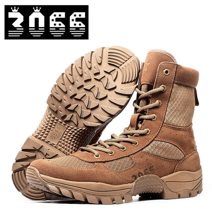 Men's brown waterproof leather high-top side-zip combat boots