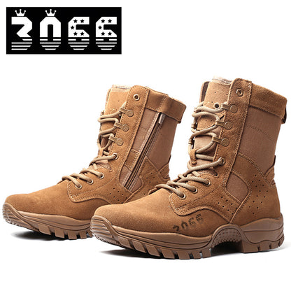 Men's brown waterproof leather high-top side-zip combat boots