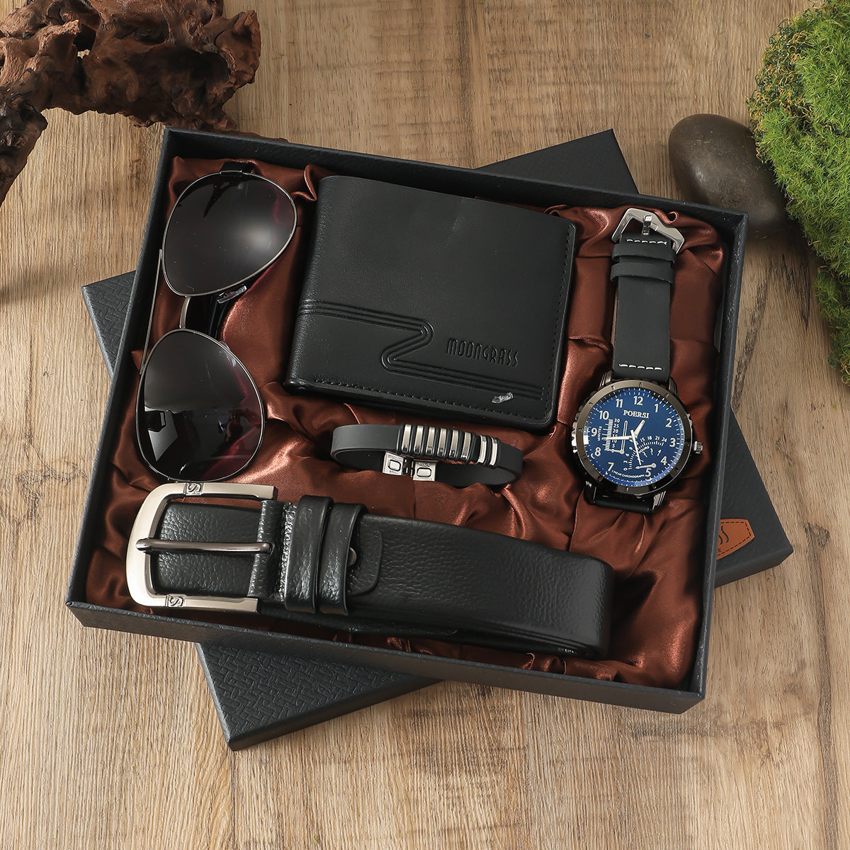Men’s Gift Set – Quartz Watch, Belt, Wallet, Glasses & Keychain Combo