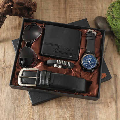 Men’s Gift Set – Quartz Watch, Belt, Wallet, Glasses & Keychain Combo