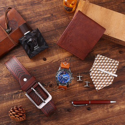 Men's Practical Quartz Watch Wallet Tie + Belt Perfume Practical Gift Business Set