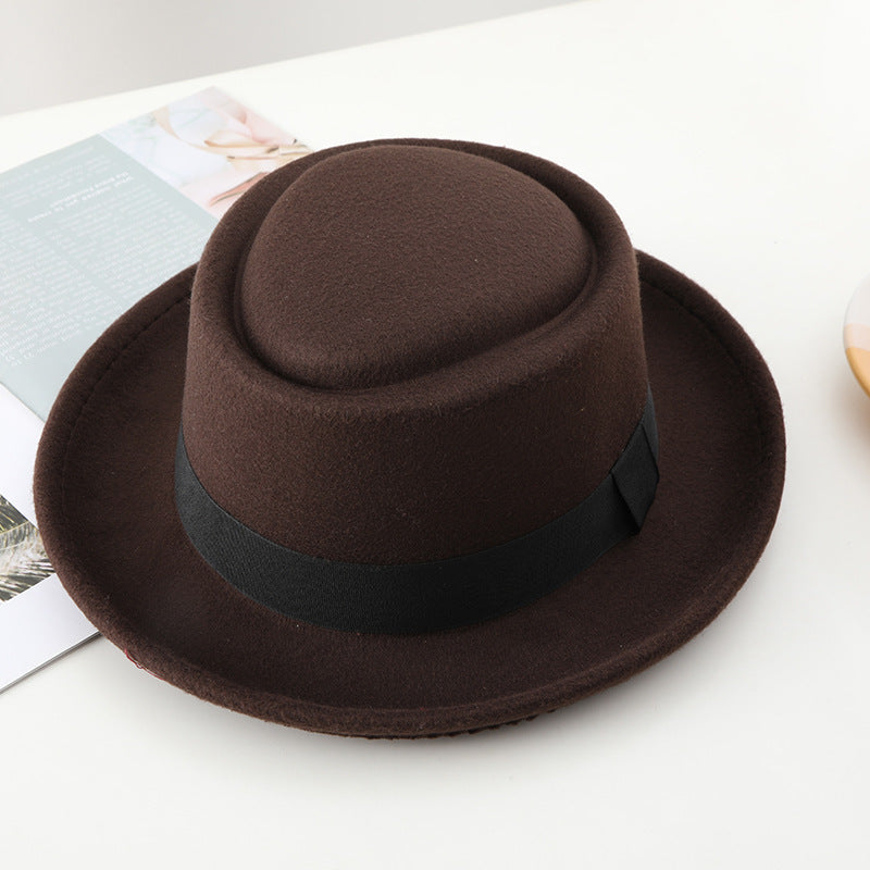 Black ribbon top hat, curved brim jazz hat.