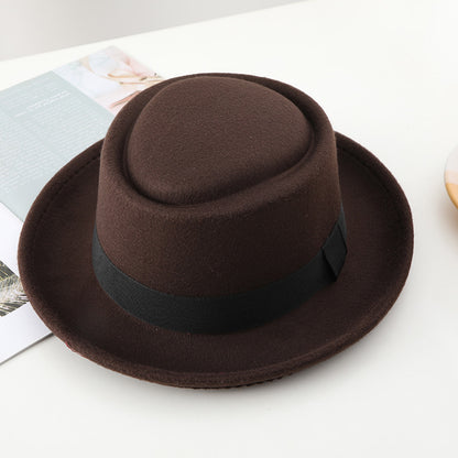 Black ribbon top hat, curved brim jazz hat.