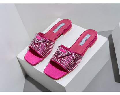 Rhinestone Triangle Label Womens Flat Slide Slippers