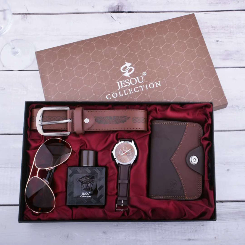 Men’s Gift Set – Quartz Watch, Belt, Wallet, Glasses & Keychain Combo