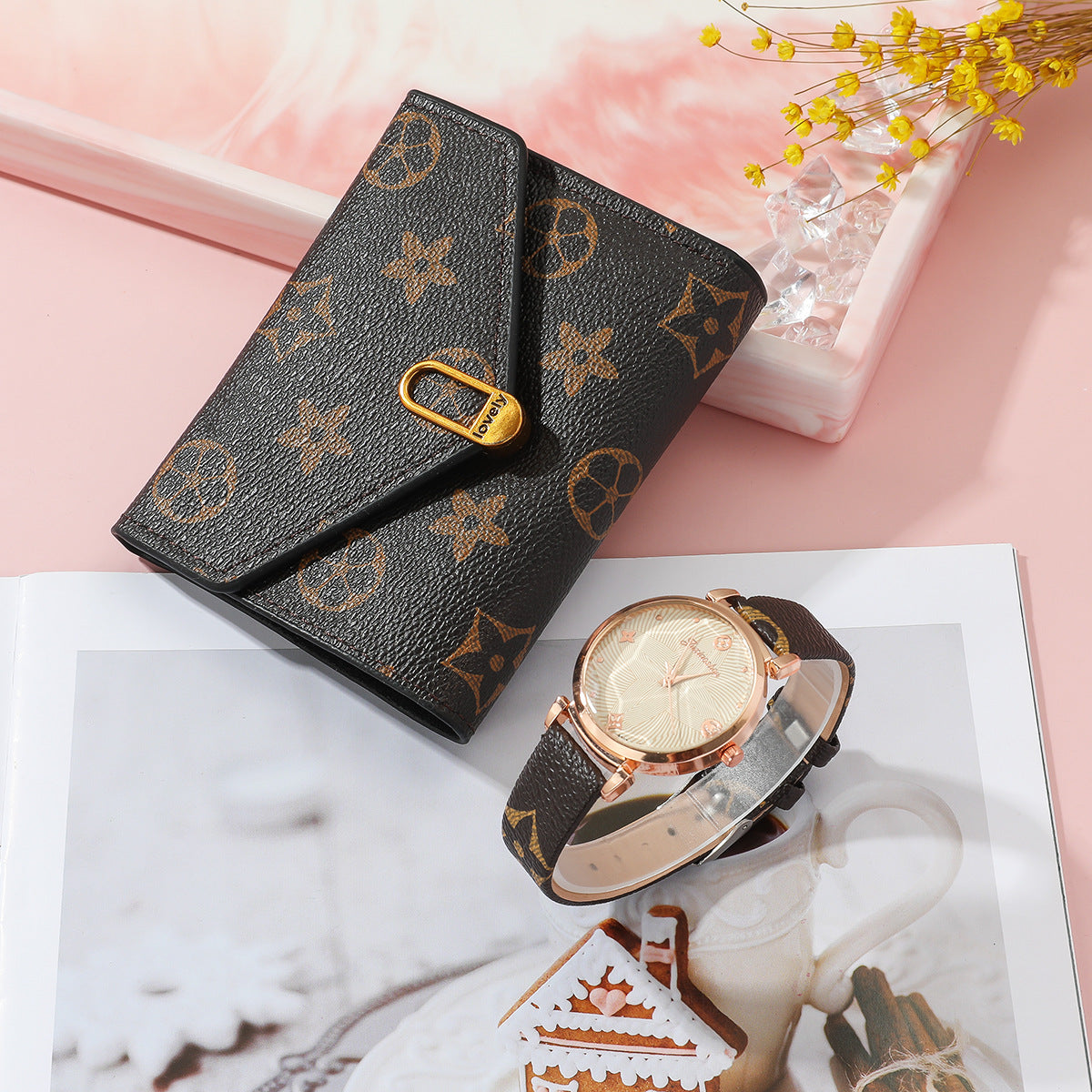 Women's Fashion Casual Quartz Watch + Necklace + Glasses + Wallet + Earrings Gift Set