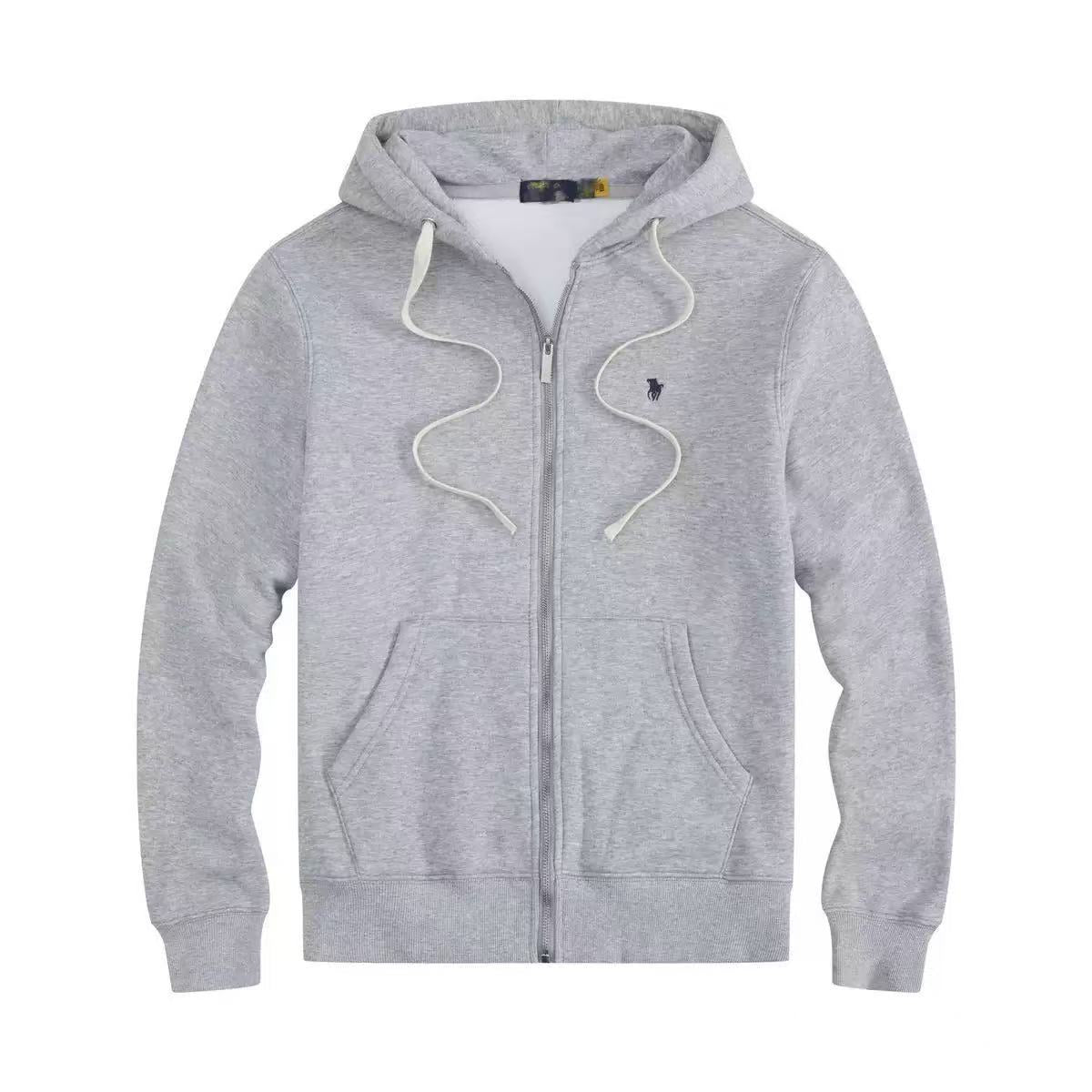 Men's fleece-lined, long-sleeve polo sweatshirt. Pony embroidery