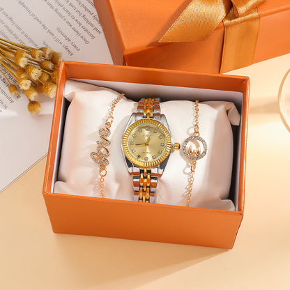 Fashionable and exquisite gradient gold watch with diamond set dial batch flower face women's watch + two exquisite bracelets 3PCS