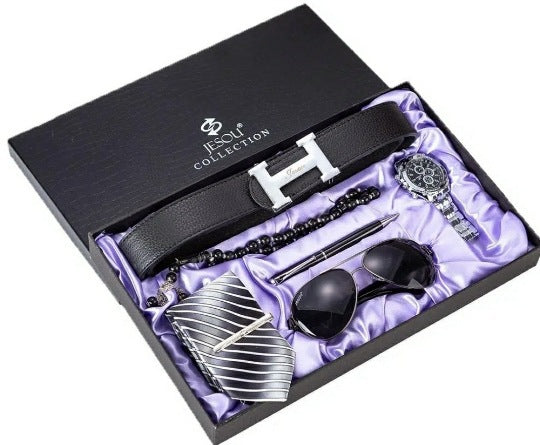Men's Gift Set Beautiful Packaging Watch + Leather Tie Belt Wallet Simple Combo Set - 6pes set