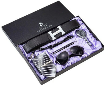 Men's Gift Set Beautiful Packaging Watch + Leather Tie Belt Wallet Simple Combo Set - 6pes set