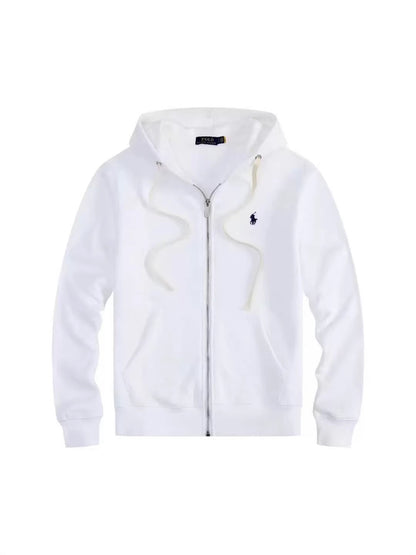 Men's fleece-lined, long-sleeve polo sweatshirt. Pony embroidery
