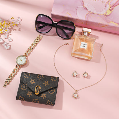 Women's Fashion Casual Quartz Watch + Necklace + Glasses + Wallet + Earrings Gift Set