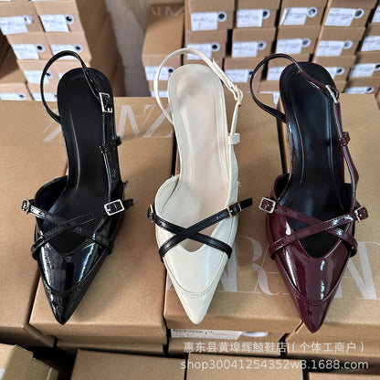 heeled sandals - cross-buckle strap, pointed toe, fairy-style mules.