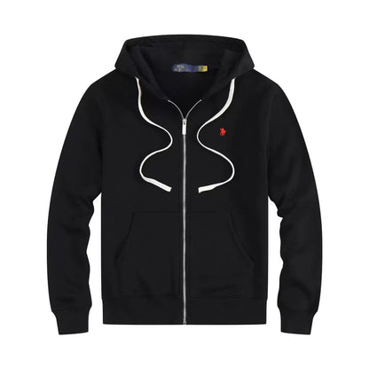 Men's fleece-lined, long-sleeve polo sweatshirt. Pony embroidery