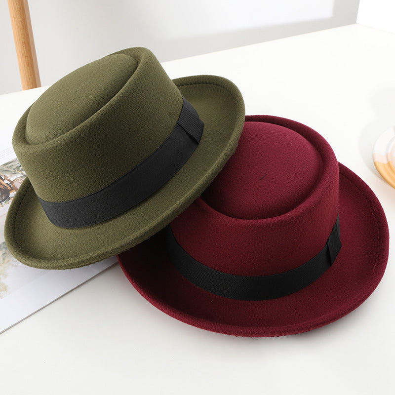 Black ribbon top hat, curved brim jazz hat.