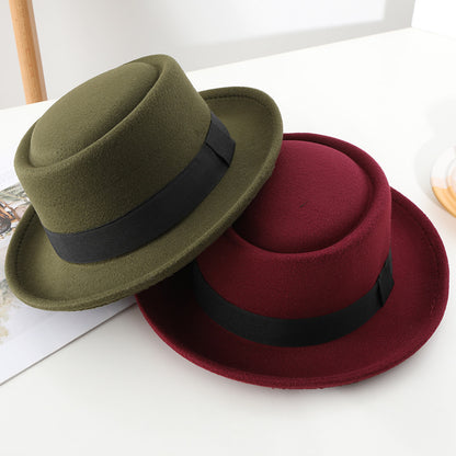 Black ribbon top hat, curved brim jazz hat.