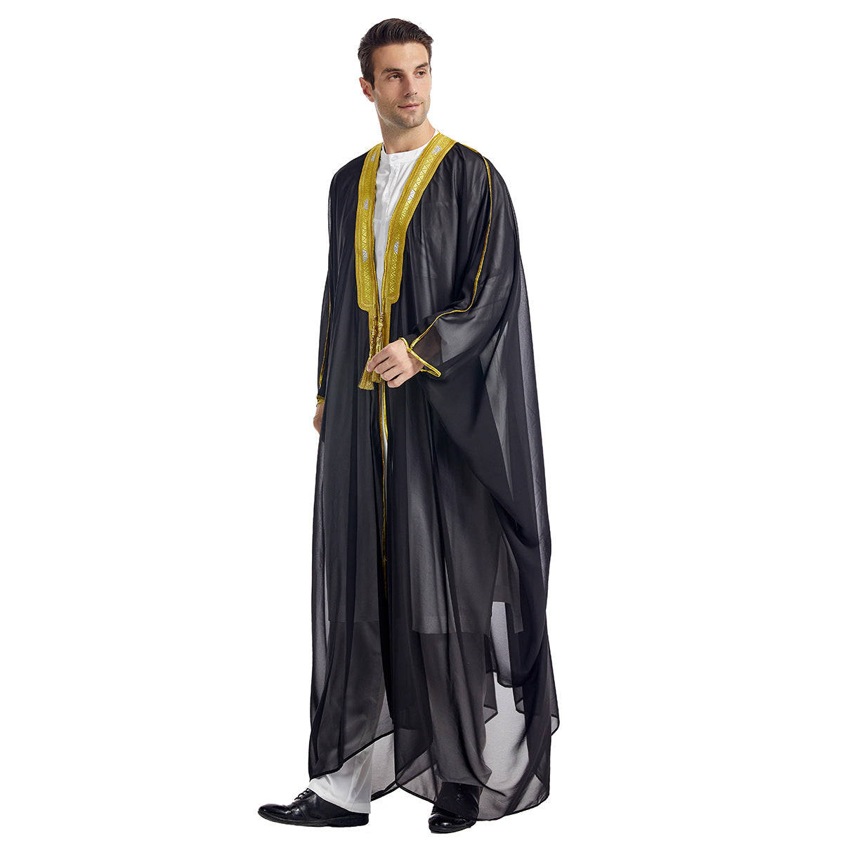 Mens Arabic Embroidered Long Robe  Gold Bead Chiffon