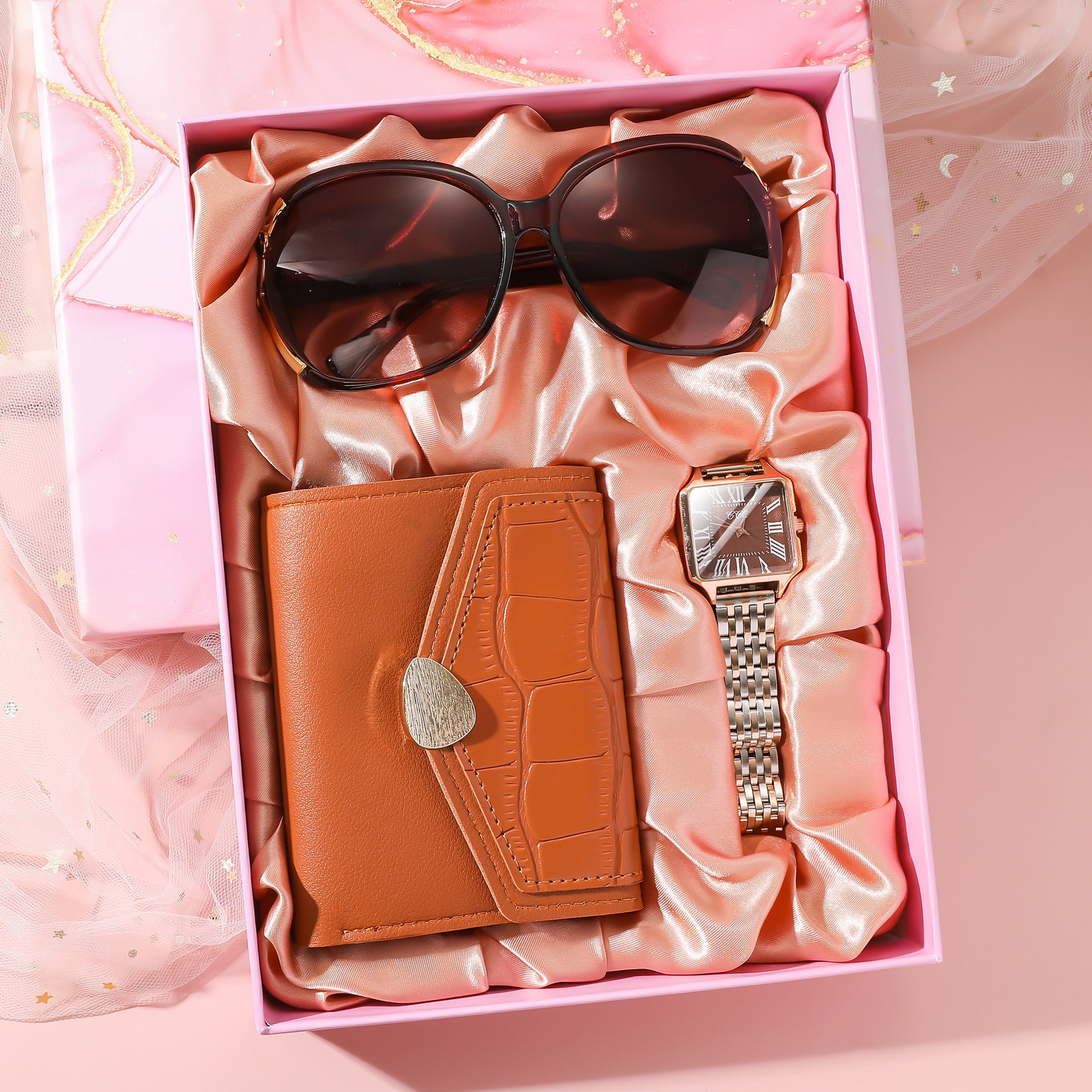 Gifting Options: Women's Brown Purse, Steel Strap, Roman Numerals, Surface, Watch, Sunglasses, Gift Box Set of Three