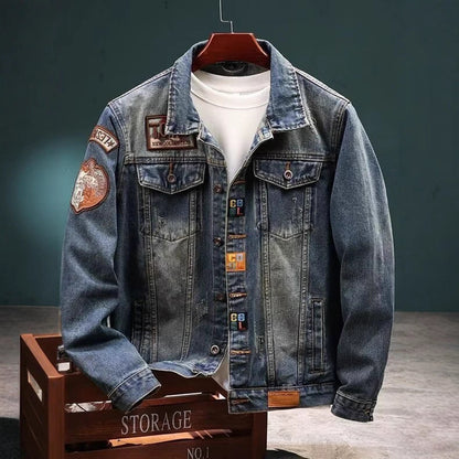 Mens Retro Embroidered Denim Cargo Jacket