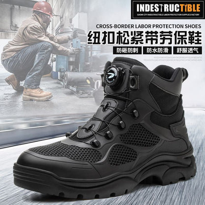 Steel-toe work boots, Kevlar sole, button close