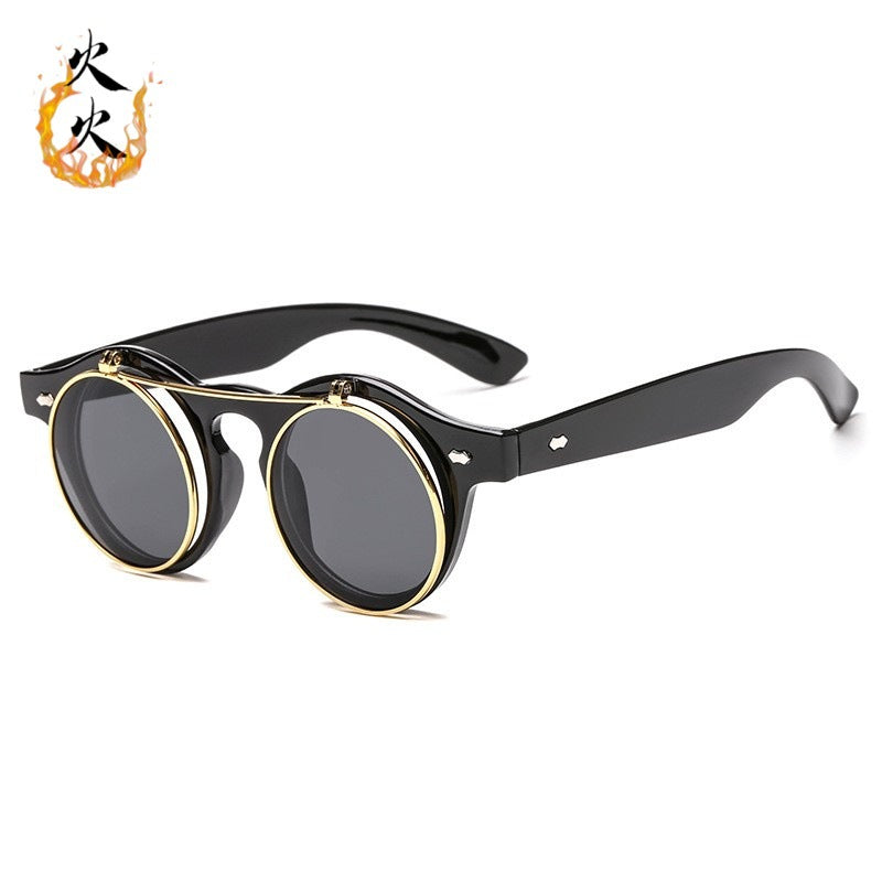 Vintage Steampunk Double-Flap Round Sunglasses