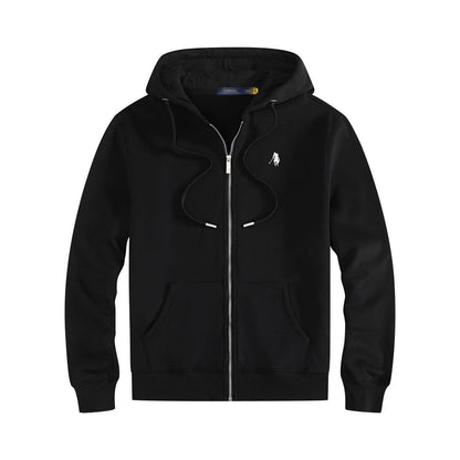 Men's fleece-lined, long-sleeve polo sweatshirt. Pony embroidery