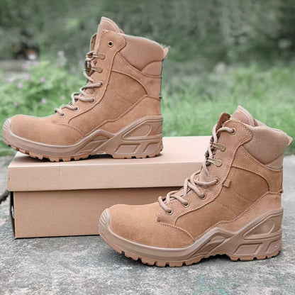 Men's brown waterproof leather high-top side-zip combat boots