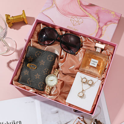 Women's Fashion Casual Quartz Watch + Necklace + Glasses + Wallet + Earrings Gift Set