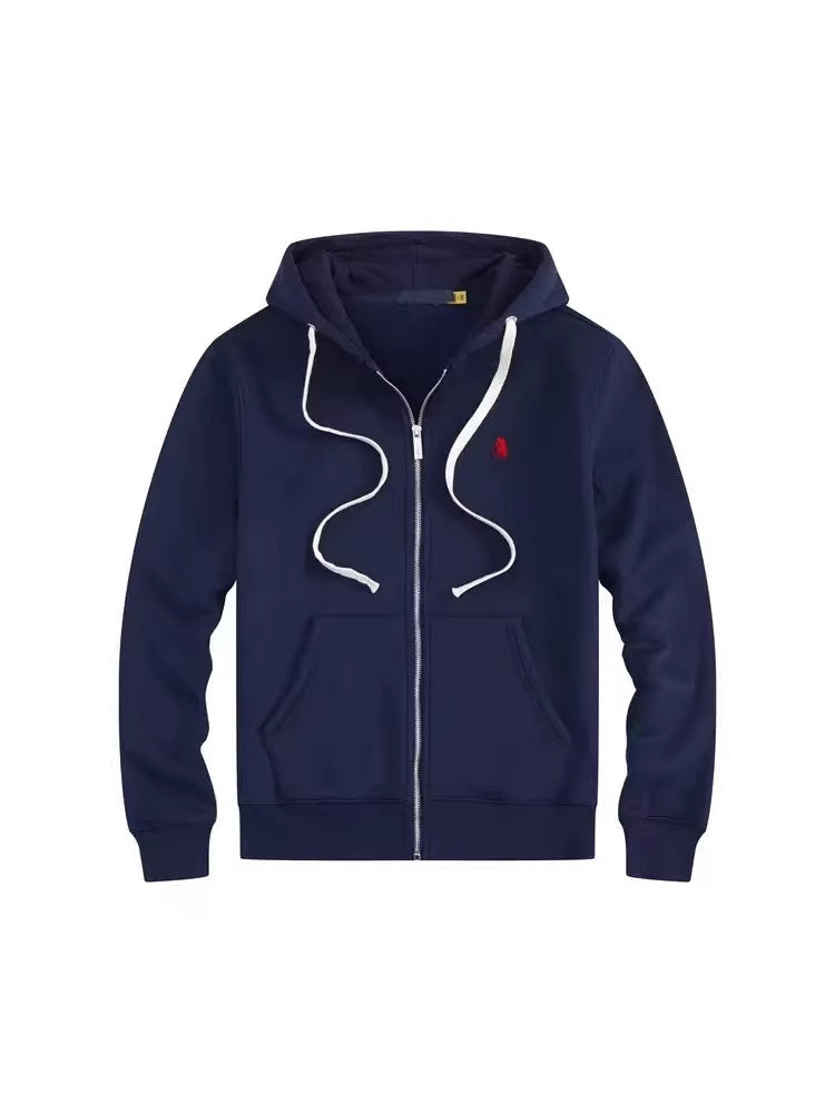 Men's fleece-lined, long-sleeve polo sweatshirt. Pony embroidery