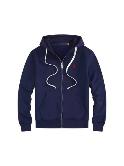 Men's fleece-lined, long-sleeve polo sweatshirt. Pony embroidery