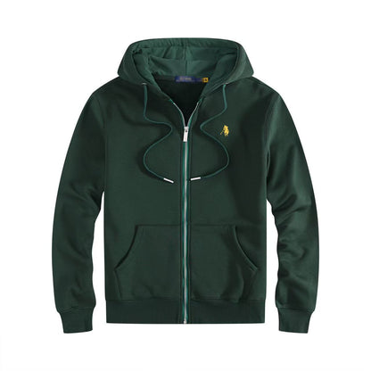 Men's fleece-lined, long-sleeve polo sweatshirt. Pony embroidery