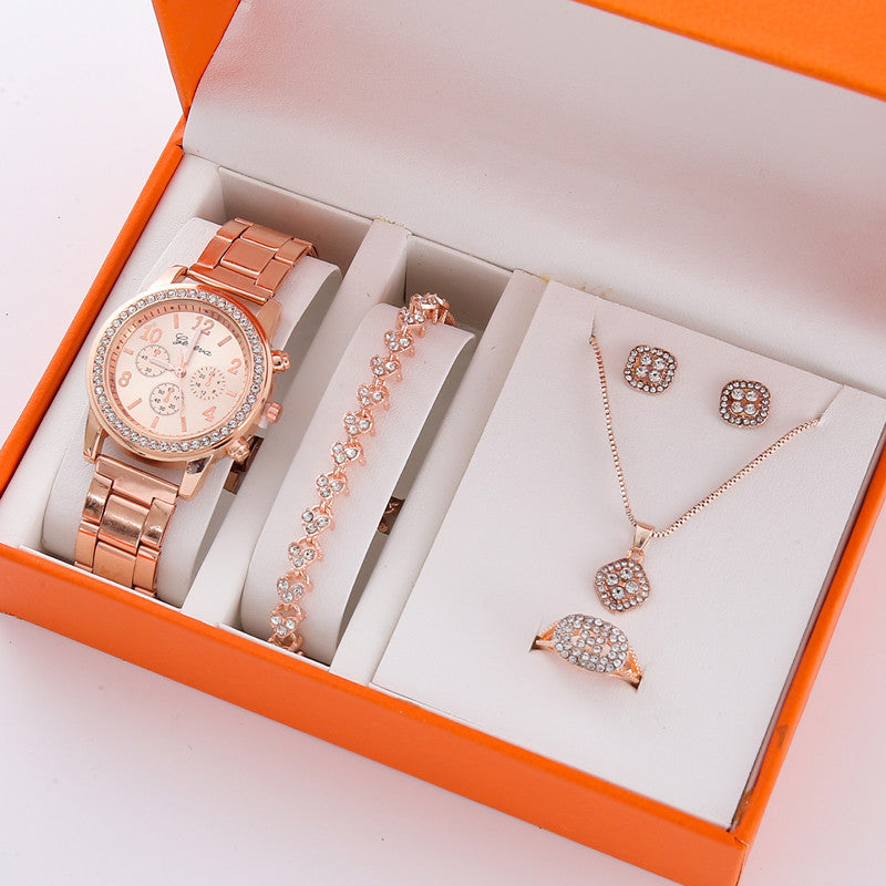 5-piece steel band women's casual Korean watch set with faux Gift set