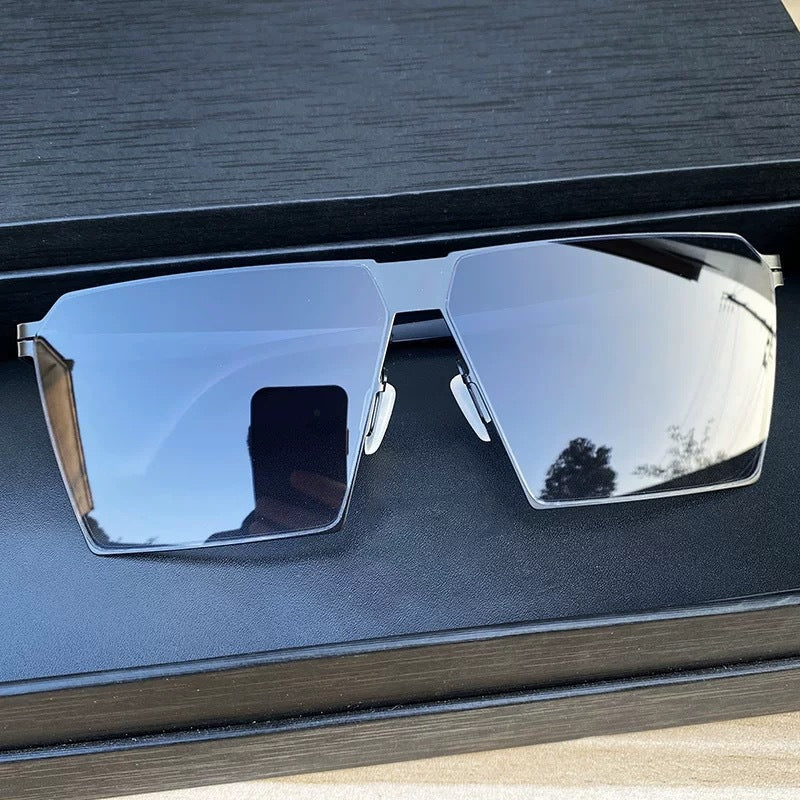 Men's square sunglasses: thin, screwless, spring-leg design for fashion, driving, photography.